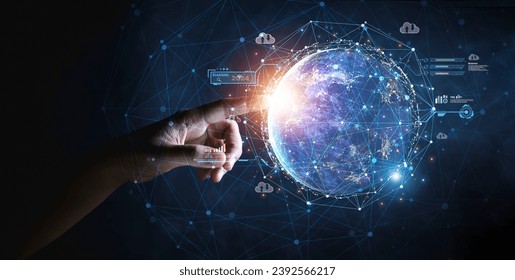 Businessman presenting futuristic business world metaverse graphic. In the form of innovation in digital business processing technology, innovation of the 21st century - Powered by Shutterstock