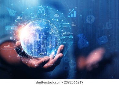 Businessman presenting futuristic business world metaverse graphic. In the form of innovation in digital business processing technology, innovation of the 21st century