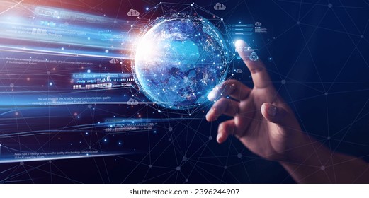 Businessman presenting futuristic business world metaverse graphic. In the form of innovation in digital business processing technology, innovation of the 21st century	 - Shutterstock ID 2396244907