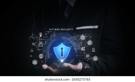 Businessman presenting glowing cybersecurity shield surrounded by digital icons, representing secure network, data protection, and digital privacy in a virtual business environment. 3d Rendering