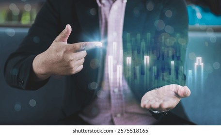 Businessman presenting glowing futuristic bar charts, symbolizing financial growth, data analysis, and technological advancement. Ideal for business, investment, and innovation-related projects.