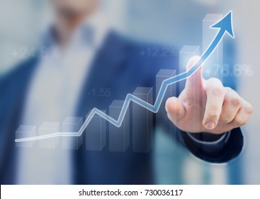 Businessman presenting a sustainable development concept, concept with chart going up showing growth, profit or success