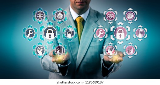 Businessman Presenting A Virtual Copy Of A Nuclear Power Plant Interface And Its Twin. Energy Industry Concept For Data Security, Digital Resilience, Digital Twin, Simulation, Predictive Maintenance.