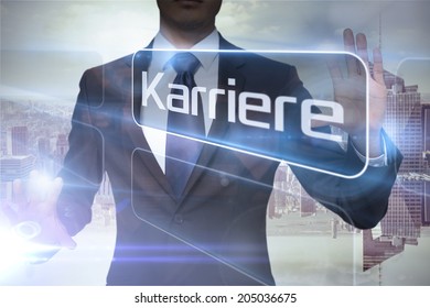 Businessman presenting the word careers in german against room with large window looking on city - Powered by Shutterstock