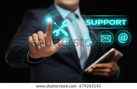 Businessman press button. Technical Support Center Customer Service Internet Business Technology Concept