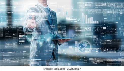 Businessman press on digital screen, digital layer effect, business strategy concept - Shutterstock ID 302638517
