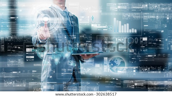 Businessman press on digital screen, digital\
layer effect, business strategy\
concept