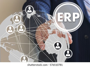 Businessman pressed a button ERP enterprise resource planning on the touch screenin the global network.The concept of human resources in the network , access control,customer relationship management.