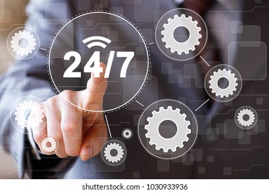 Businessman presses button 24 hours service signal gear engineering network interface - Shutterstock ID 1030933936