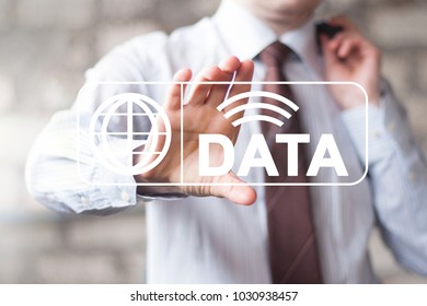Businessman presses button data internet network map