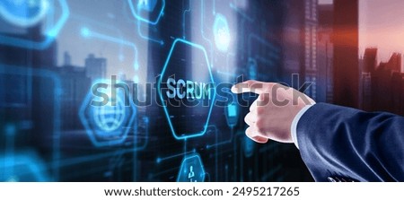 Businessman presses a button Scrum process software development outline concept