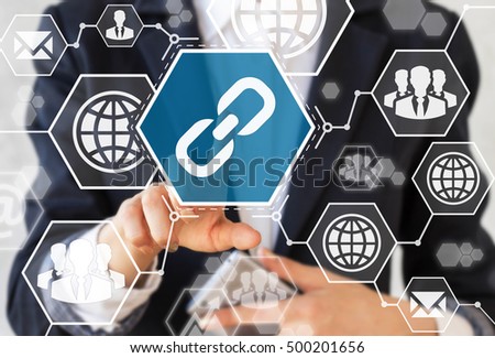 Businessman presses link button. Businesswoman touched hiperlink icon. Web sign, internet, mail, business, technology concept. Team, group, earth, envelope, chart, communication, connection, post.