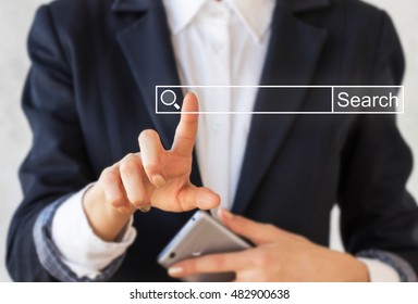 Businessman Presses Search Browser Icon With Magnifier. Woman Touched Internet Search Bar Button. Template, Mock Up, Mobile, Communication, Connection, Web, Website, Computer, Search String. Find Job.