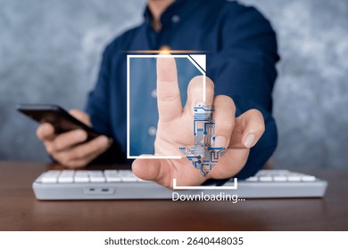 Businessman presses virtual download button with circuit arrow design, symbolizing digital data transfer, internet communication, and modern technology interface in smart business environments.