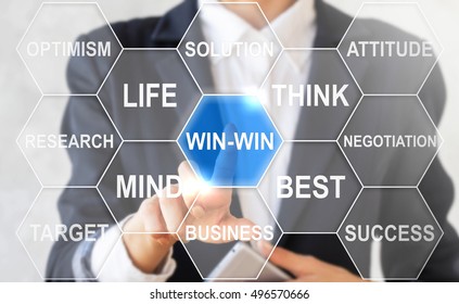 Businessman presses win-win collocation in cloud of hexagon. Woman touched win icon. Win win sign business concept, life, think, strategy, success, web, internet technology. Cloud tag win in honeycomb