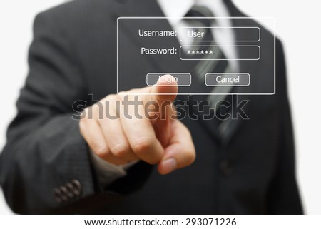 businessman pressing authentication button on login display