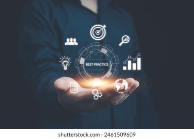 Businessman pressing Best Practice, Business, Technology, Internet and network concept. Best practice.Best practice concept. Manager (businessman, coach, leadership) plan to apply best practice method
