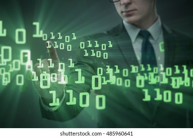 Businessman pressing binary buttons in tech concept