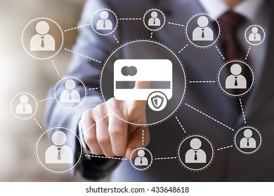 Businessman pressing button credit card antivirus security shield icon - Shutterstock ID 433648618