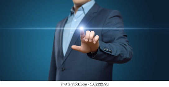 Businessman pressing button. Innovation technology internet business concept. Space for text. - Powered by Shutterstock