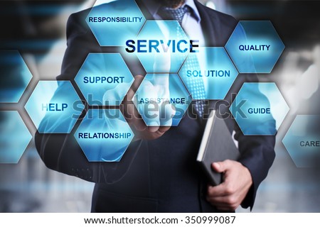 Businessman pressing button on touch screen interface and select service. busines concept.  