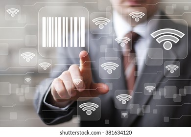 Businessman pressing button web barcode product icon wifi network