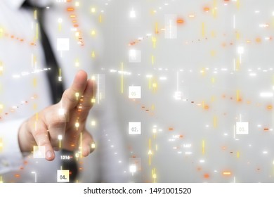 Businessman pressing document icon over computer binary code 