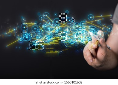 Businessman pressing document icon over computer binary code 
