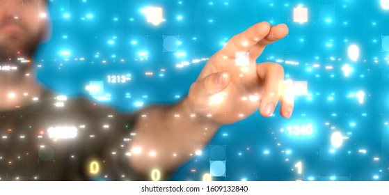Businessman pressing document icon over computer binary code 
