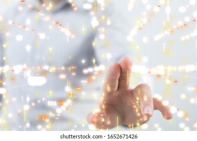 Businessman pressing document icon over computer binary code 
