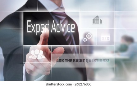 Businessman pressing an Expert Advice concept button.