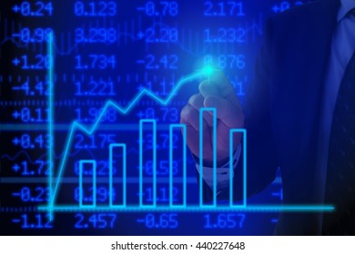 Businessman Pressing A Glowing Chart In Front Of A Stock Ticker Wall Background