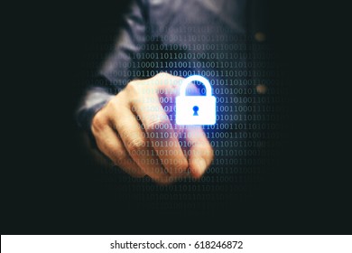 Businessman pressing lock icon with binary code, cyber security concept.