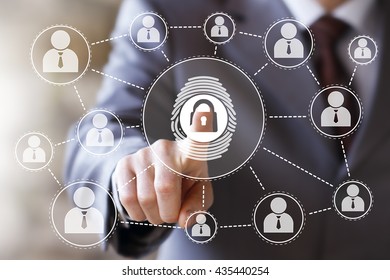 Businessman pressing modern technology panel with fingerprint print lock security - Shutterstock ID 435440254