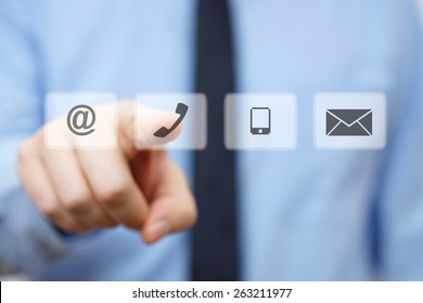 businessman pressing phone button, company identification icons - Shutterstock ID 263211977