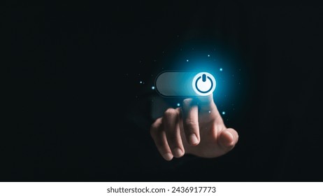 businessman pressing power button. Start or shut down concept.