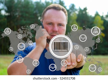 Businessman pressing the product barcode on the touch panel. 