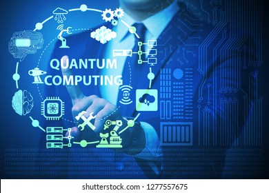 Businessman pressing virtual button in quantum computing concept