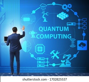 Businessman Pressing Virtual Button In Quantum Computing Concept