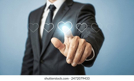 Businessman pressing virtual heart icon, managing digital likes and favorites, concept of modern technology in business, ensuring efficient and secure handling of online interactions and data - Powered by Shutterstock