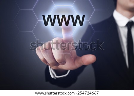 businessman pressing www button on virtual screens. business, internet and networking concept 