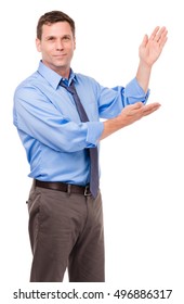 Businessman Professor Salesman In Blue Shirt And Tie Gesturing  On White