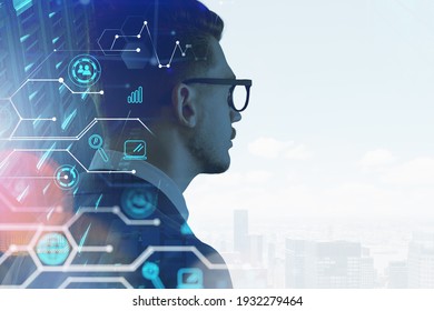 Businessman Profile In Suit, Double Exposure With Internet Icons. International Business, Global Network, Silhouette Of Human In Global Communication