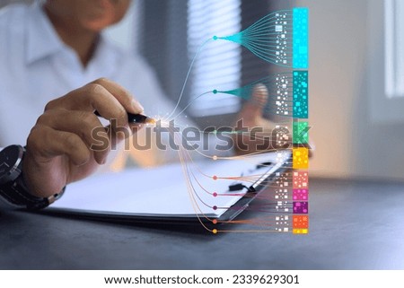 A businessman or programmer uses a pen to write data in order to link and transfer digital data and to share data to a server or to the public. Right copy space for creator text. colour full data node