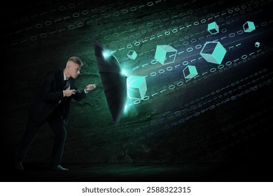 Businessman protecting himself from binary code and digital elements with umbrella in darkness. Cyber security