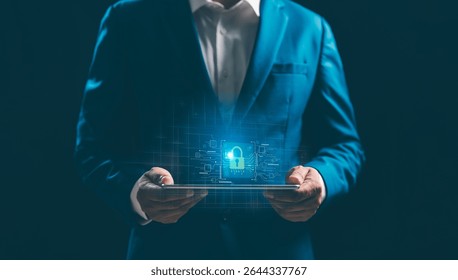 Businessman protecting with Padlock and internet technology data personal information, security encryption, cybersecurity, secure Internet access. Cyber security internet network data privacy concepts