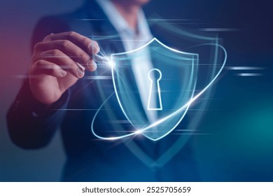 Businessman protecting personal data is critical to doing business in the era of AI computing. Cybersecurity and privacy concepts to protect data. Lock icon and internet network security technology.  - Powered by Shutterstock