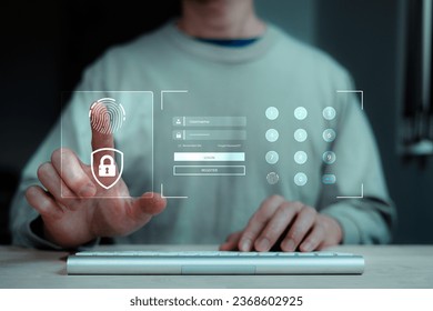 Businessman protecting personal data on smart app, virtual screen interfaces. cyber security.Cybersecurity and privacy concepts to protect data. Lock icon and internet network security technology.  - Shutterstock ID 2368602925