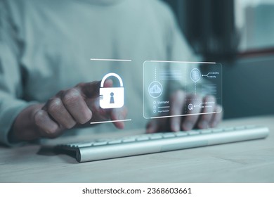 Businessman protecting personal data on smart app, virtual screen interfaces. cyber security.Cybersecurity and privacy concepts to protect data. Lock icon and internet network security technology.  - Shutterstock ID 2368603661