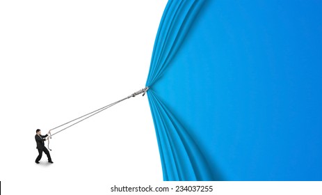 Businessman Pulling Open Blue Curtain With Blank Behind Isolated On White Background